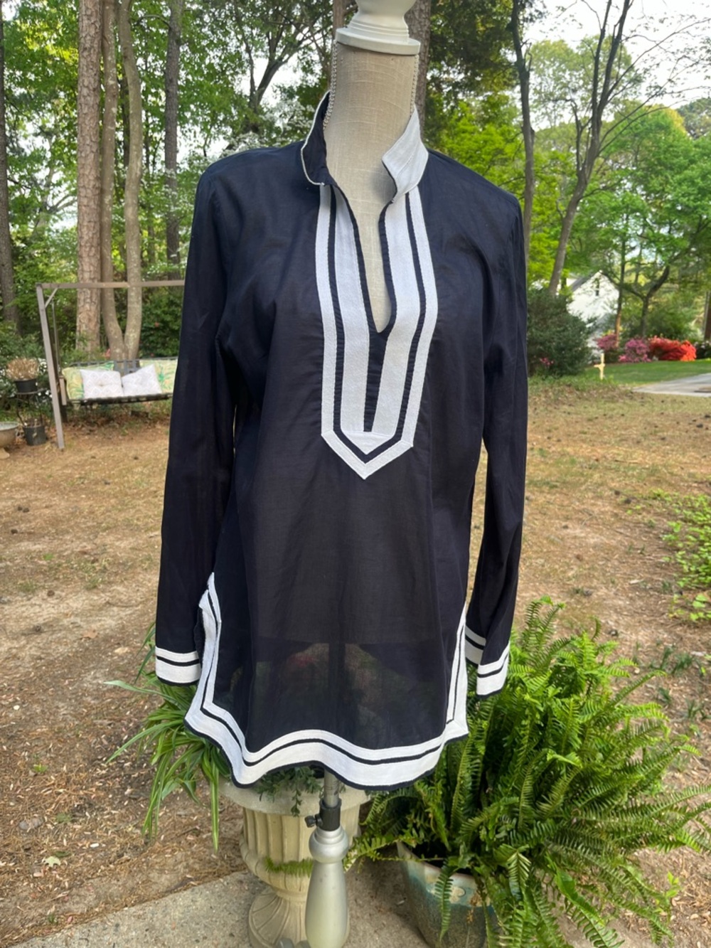 Tory Burch Women’s Navy Cotton Tunic Top with White Trim, Size 14, GUC